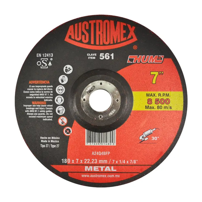 Disco abrasivo para debaste de metal de 180 x 7 x 22.23 mm Cod. 561