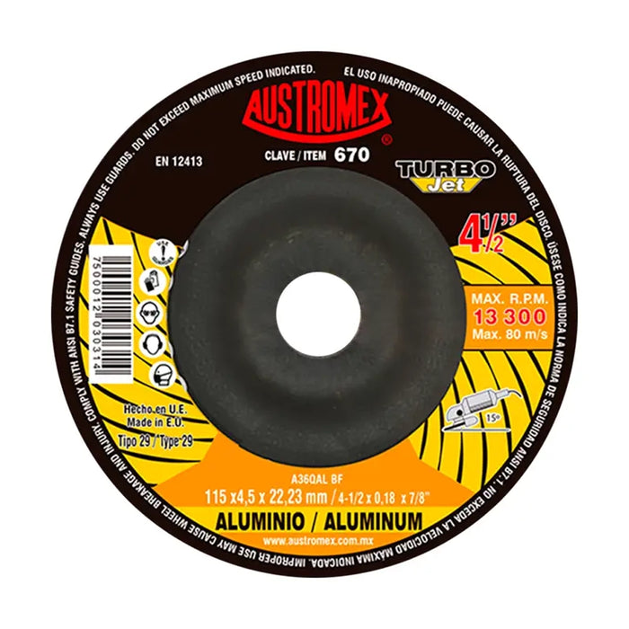 Disco abrasivo para desbaste de aluminio y metales no ferrosos de 115 x 4.5 x 22.23 mm Cod. 670