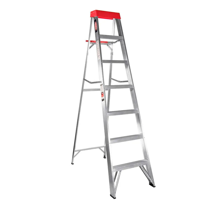 Escalera de Tijera de Aluminio 6 Escalones, Plataforma Plástica y Porta Cubeta Tipo III 77-80