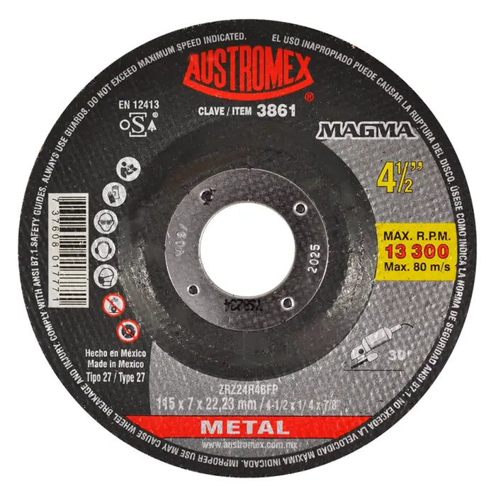Disco de 4-1/2" x 1/4" x 7/8" con centro deprimido para desbaste de metal, Magma Cod.861