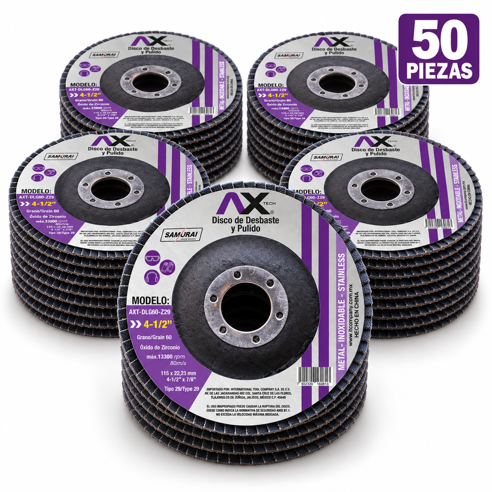 Caja de 50 piezas Carben — Disco flap AX Tech AXT-DLG60-Z29 de 4½ pulgadas grano 60