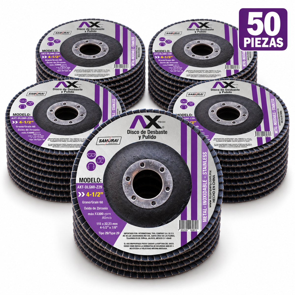Caja de 50 piezas Carben — Disco flap AX Tech AXT-DLG60-Z29 de 4½ pulgadas grano 60