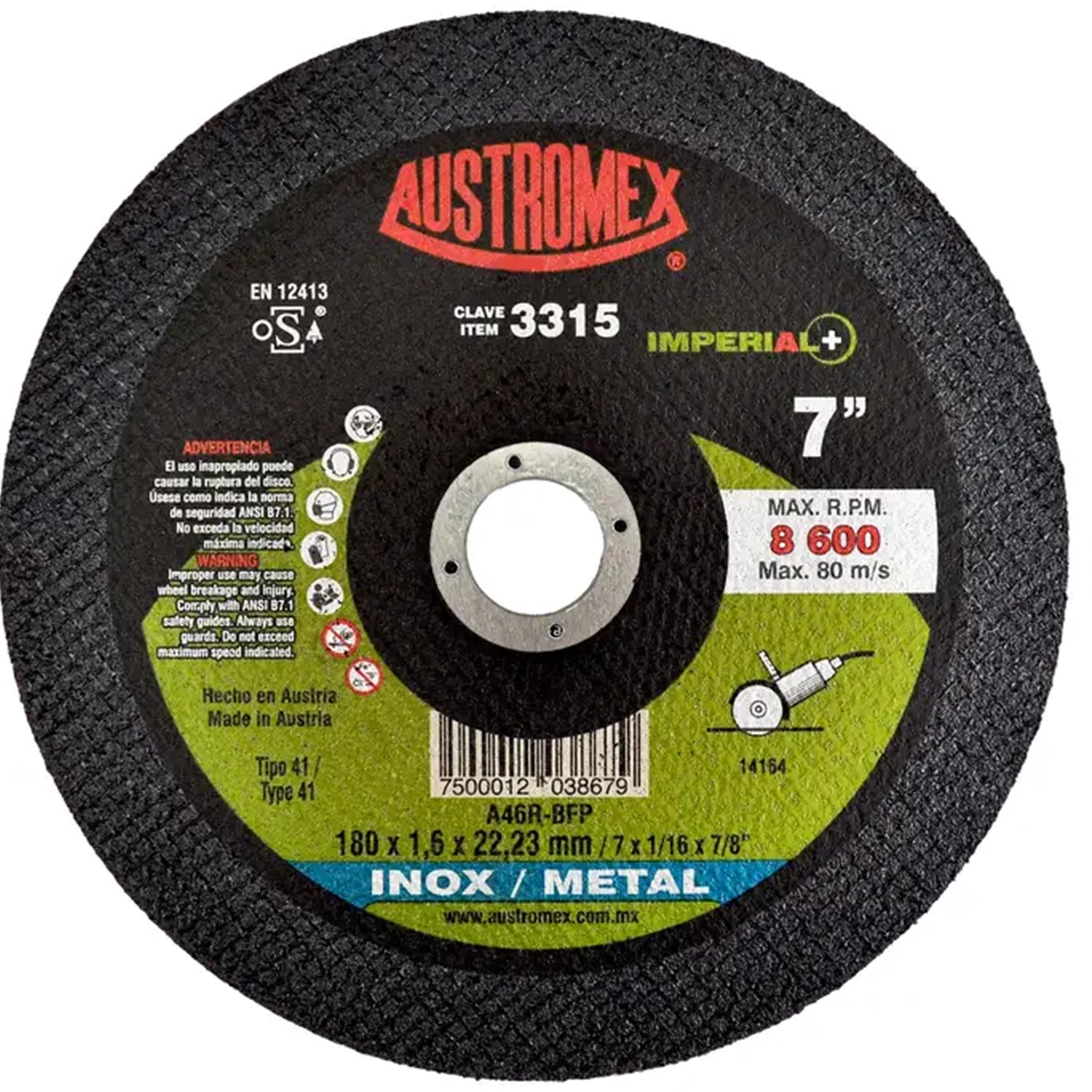 Disco para corte de inox y metal de de 7" 180 x 1.6 x 22.23 mm 3315
