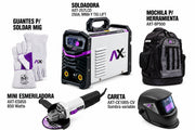 Combo AX Tech AXT-257LCD-C6: soldadora 250 A, mochila, careta, guantes y esmeriladora — vista principal