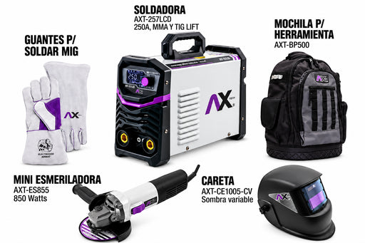 Combo AX Tech AXT-257LCD-C6: soldadora 250 A, mochila, careta, guantes y esmeriladora — vista principal