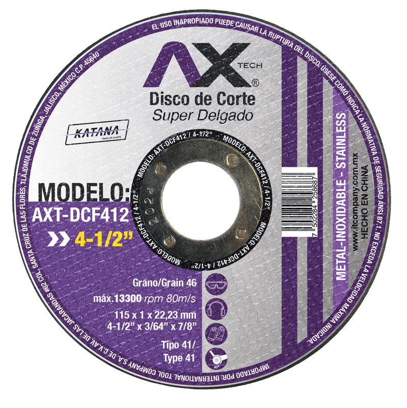 Disco de corte AX Tech AXT-DCF412-01 de 4½ pulgadas y 1 mm — Caja de 600 piezas — vista principal