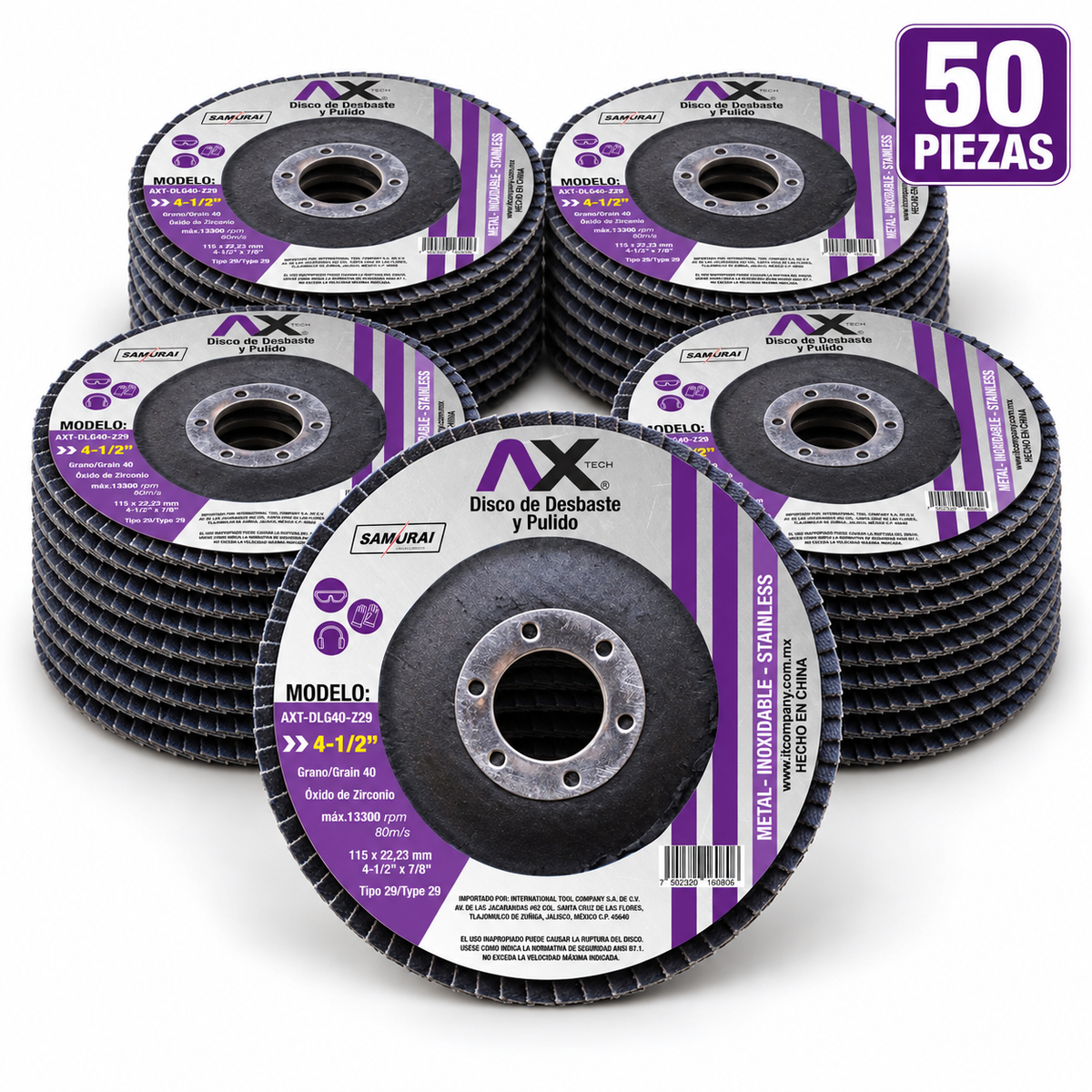 Caja de 50 piezas Carben — Disco flap AX Tech AXT-DLG40-Z29 de 4½ pulgadas grano 40
