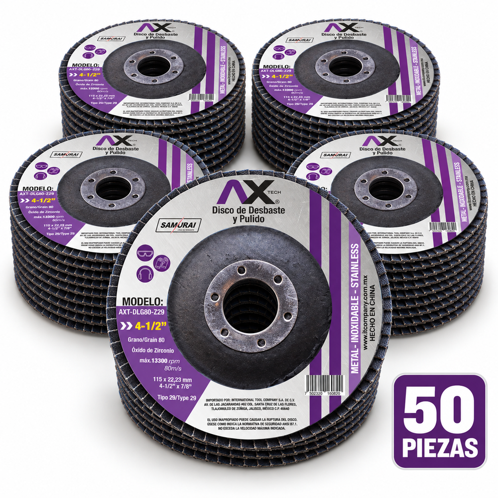 Caja de 50 piezas Carben — Disco flap AX Tech AXT-DLG80-Z29 de 4½ pulgadas grano 80