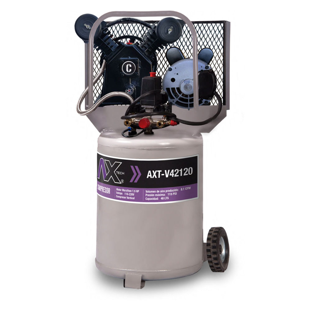 Compresor Vertical 48Lts Cabezal 2 Pistones En V Motor Marathon 1.5Hp, 110-220V. AXT-V42120