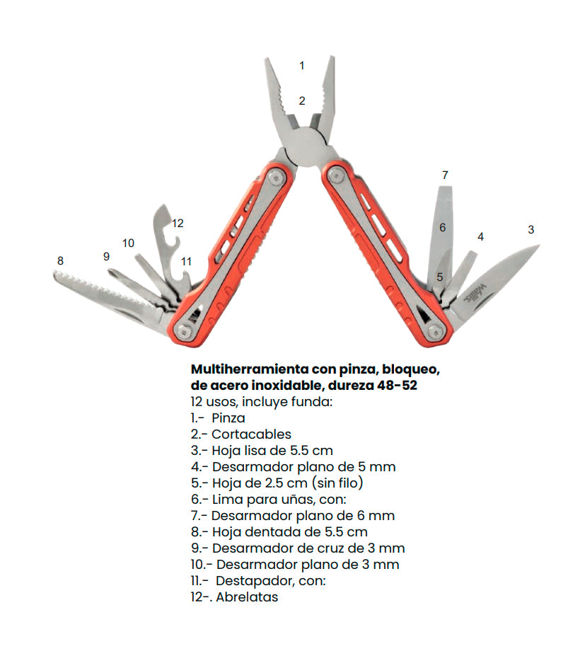 Multiherramienta con 12 usos, mango aluminio rojo con funda K900177