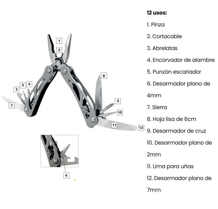 Multiherramienta con 12 usos, mango aluminio K900656