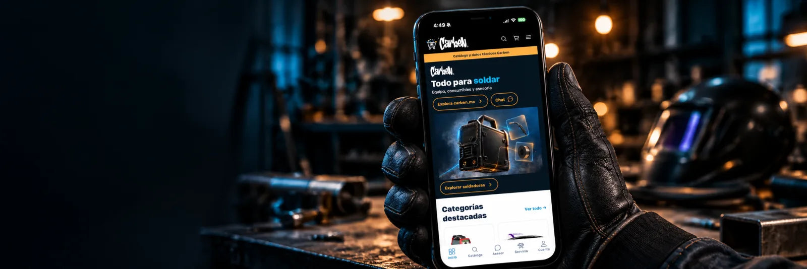 La app Carben en el taller, composición publicitaria con su pantalla de inicio